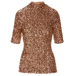BOSTON PROPER rose gold embellished sequin mock neck holiday festive top blouse